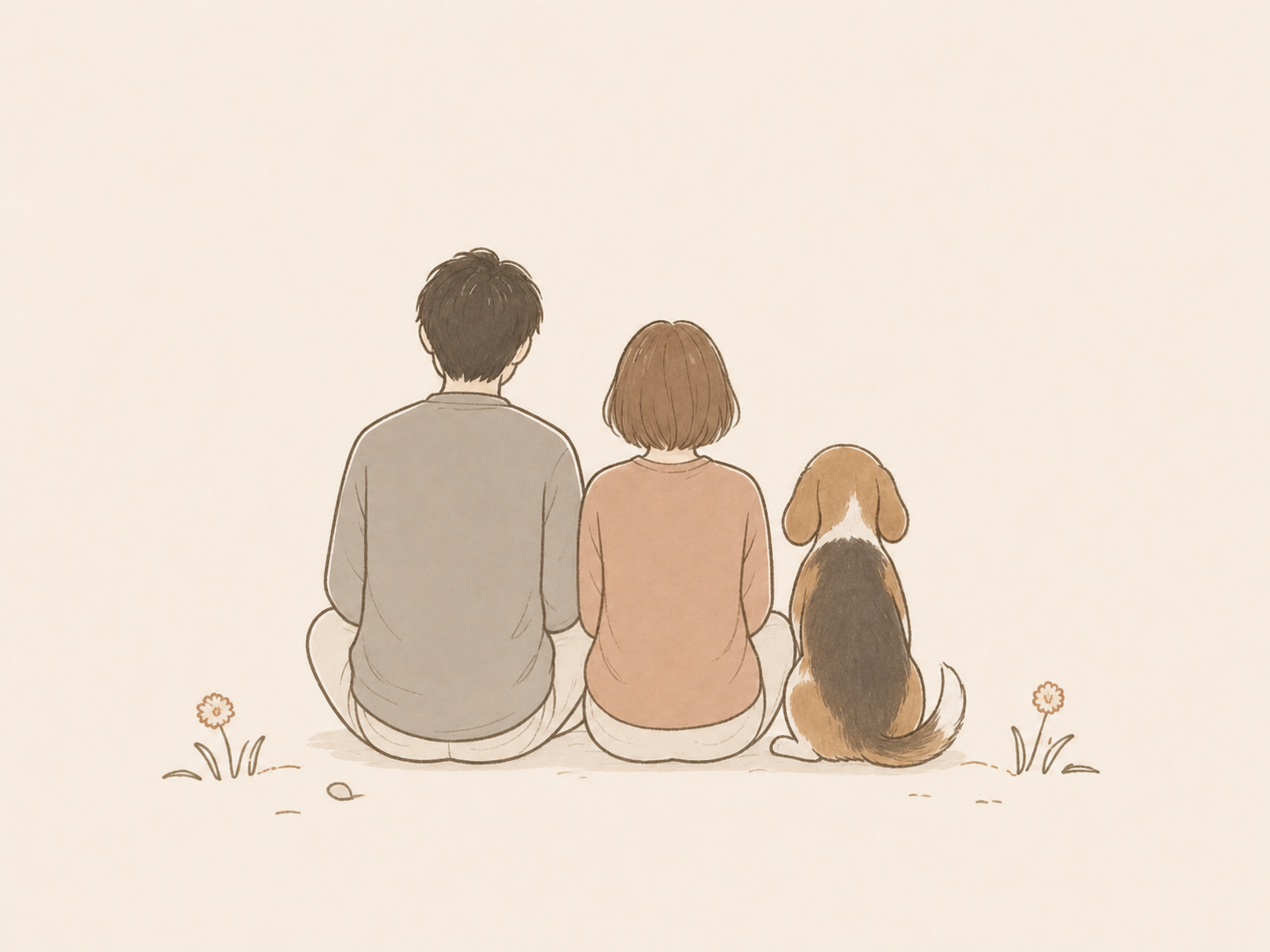 夫婦2人とビーグル犬のラッキーが並んで座るイラスト